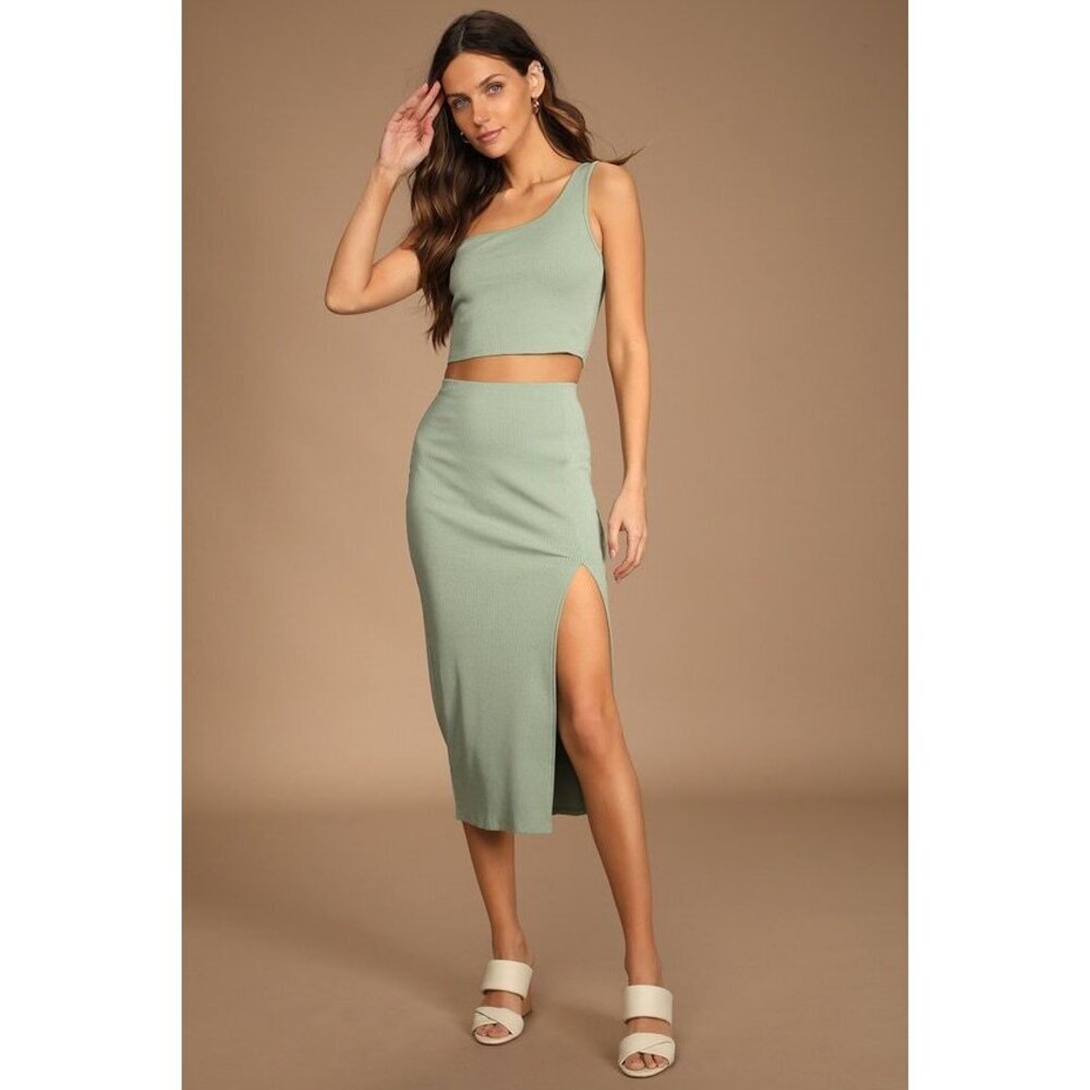 Lulus Phenomenal Style Sage Ribbed One-shoulder Two-piece Midi Dress Green
